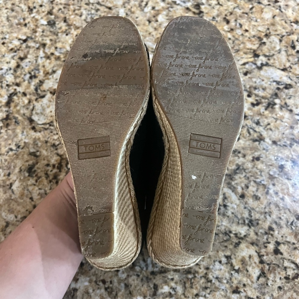 TOMS Black Canvas Peep-Toe Espadrille Wedges - Picture 5 of 9